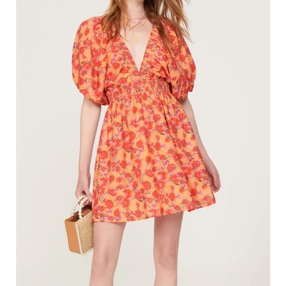 Louna Coral Floral Mini Dress Tie Back Beach Resort Women's Size XS Orange - Picture 1 of 11